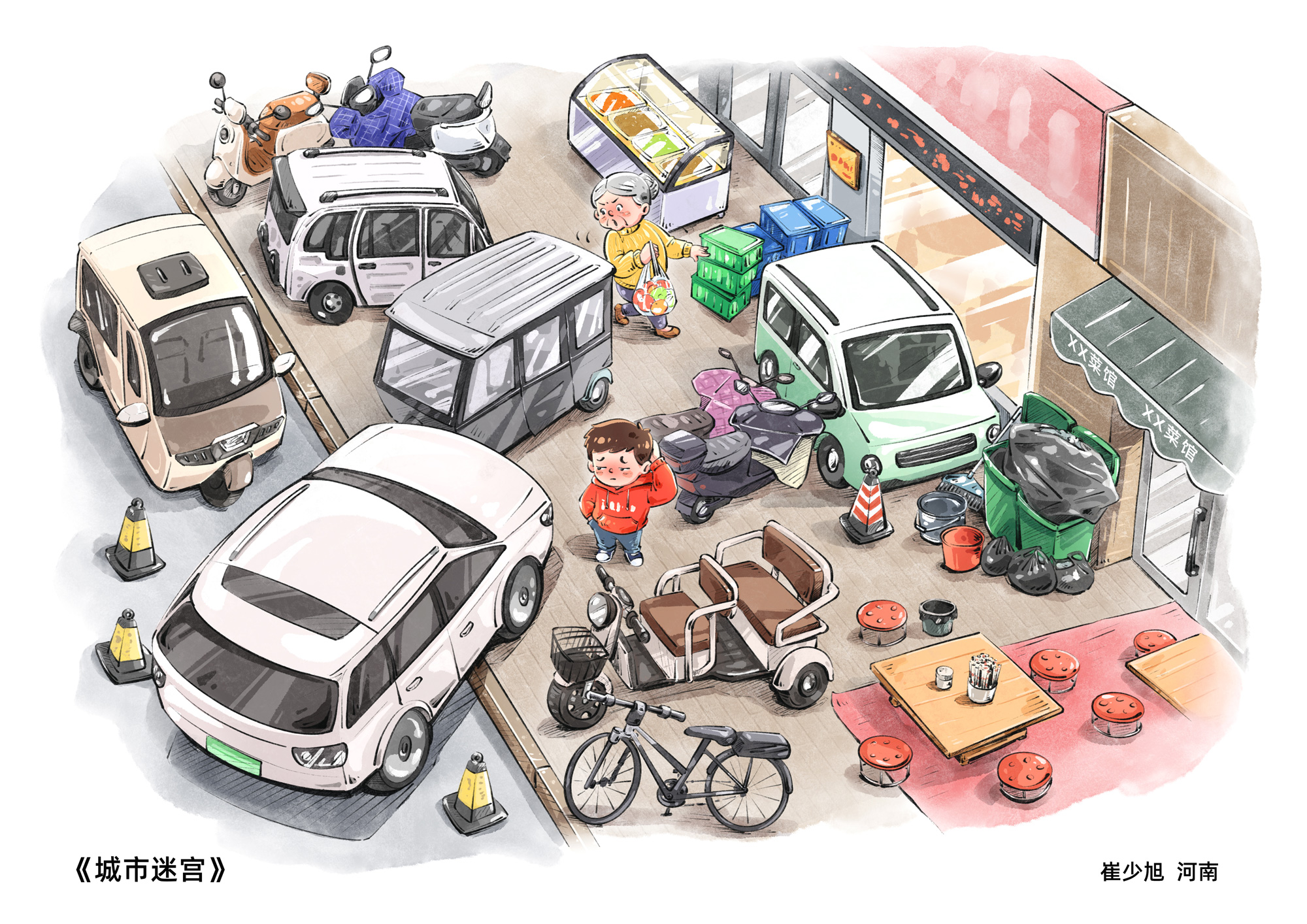 城市道路中交织的汽车、外卖骑手与行人,构成复杂的交通迷宫。