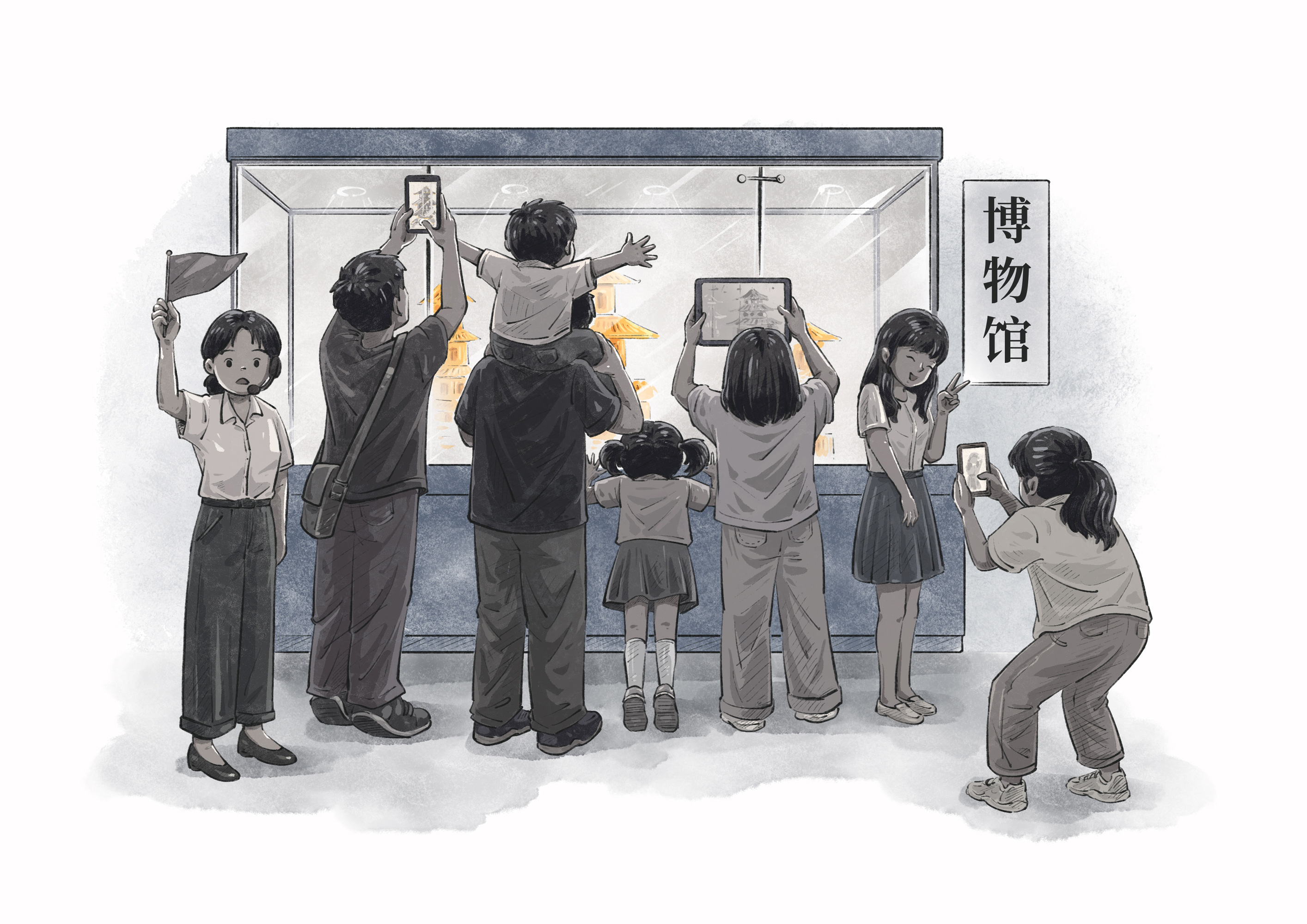 博物馆里的参观者举起手机与相机,围绕展品观看和记录。